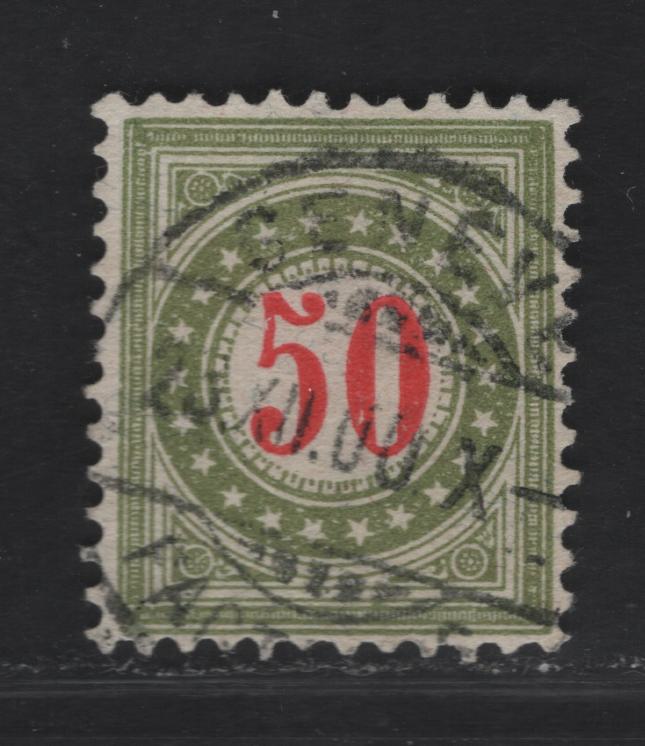 Lot 309 (C) Switzerland SC#J33b 50c Bright Red & Greenish Olive Numerals, 1907-1910 Postage Dues, A Very Fine Used Single, Crosses Wmk (Type II), Normal Frame