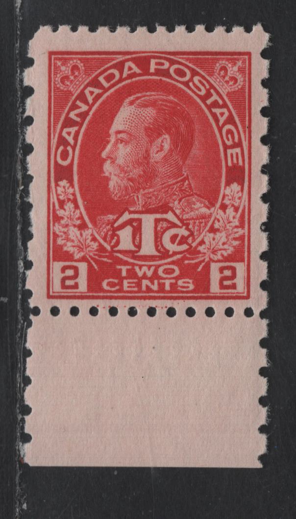 Lot 31C (C) Canada #MR5i 2c + 1c Bright Rose Red King George V, 1915-1916 War Tax Issue, A FNH Single, Retouched Frameline.