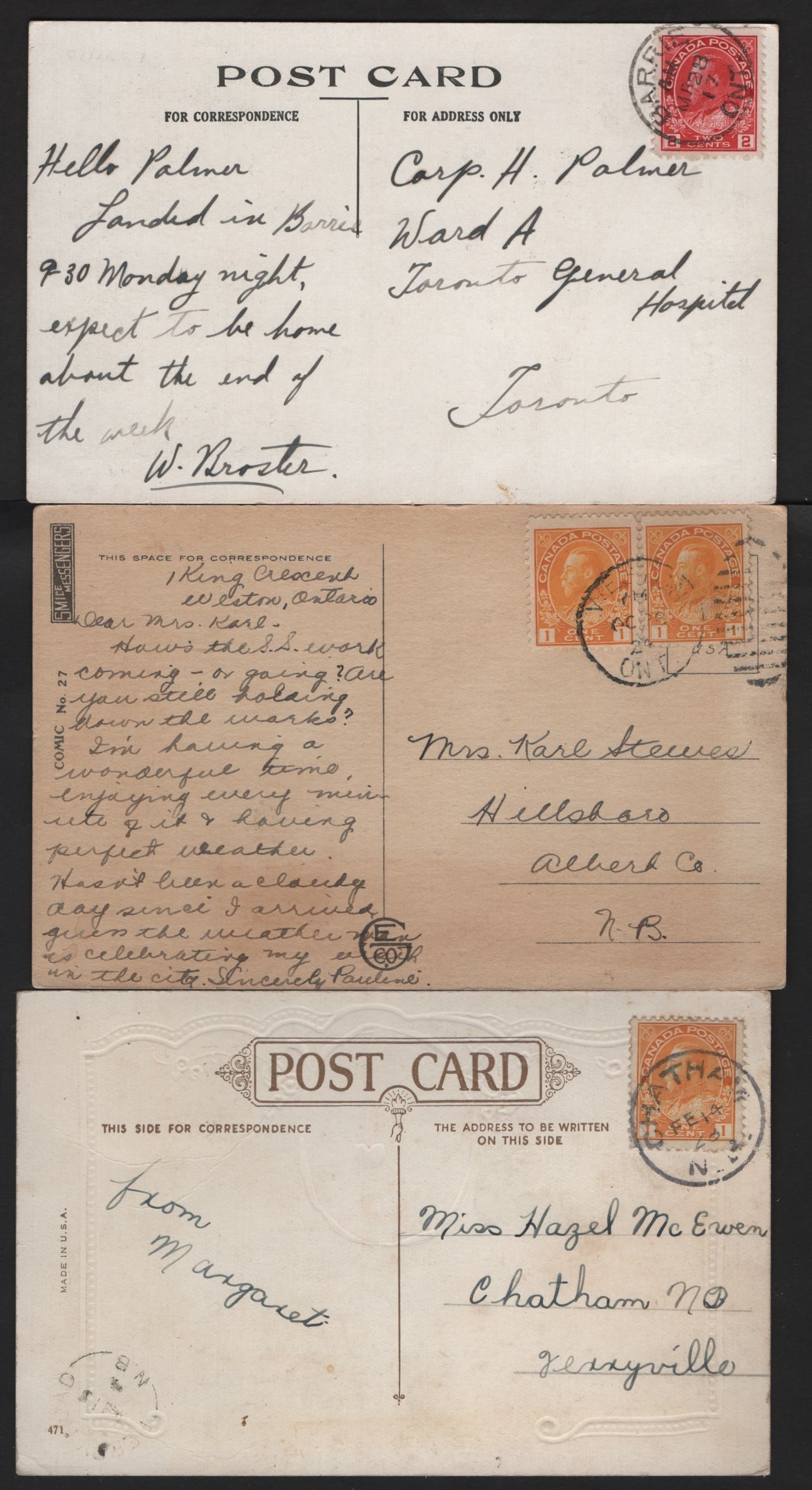 Lot 33 (C) Canada #MR1, 104, 104b, 105, 105f, 106v 1c - 2c Dark Green - Deep Red King George V, 1911-1925 Admiral & War Tax Issues, 6 Fine/Very Fine Used Singles & Pairs On Postcards, Mostly VF, Couple With A Small Corner Creases.