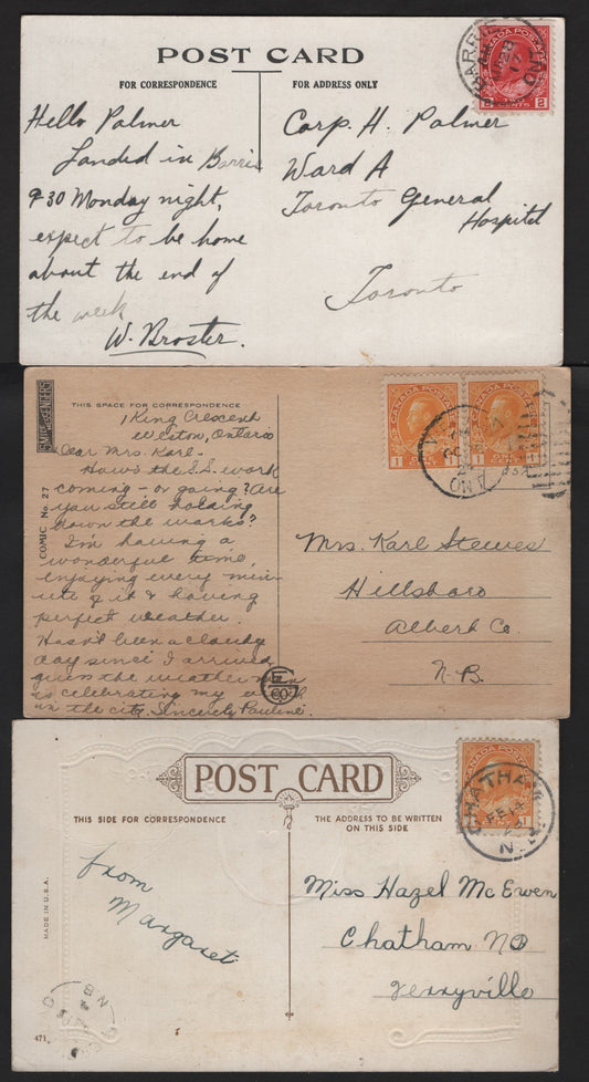 Lot 33 (C) Canada #MR1, 104, 104b, 105, 105f, 106v 1c - 2c Dark Green - Deep Red King George V, 1911-1925 Admiral & War Tax Issues, 6 Fine/Very Fine Used Singles & Pairs On Postcards, Mostly VF, Couple With A Small Corner Creases.