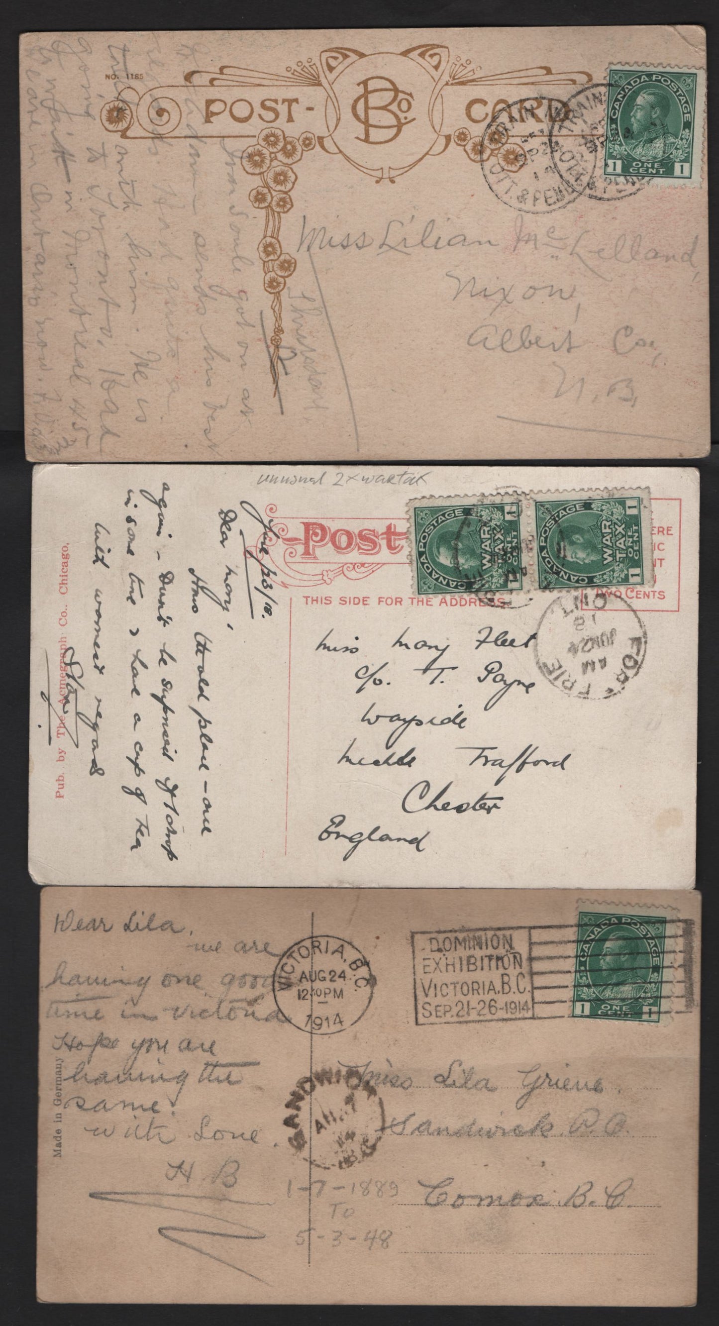 Lot 33 (C) Canada #MR1, 104, 104b, 105, 105f, 106v 1c - 2c Dark Green - Deep Red King George V, 1911-1925 Admiral & War Tax Issues, 6 Fine/Very Fine Used Singles & Pairs On Postcards, Mostly VF, Couple With A Small Corner Creases.