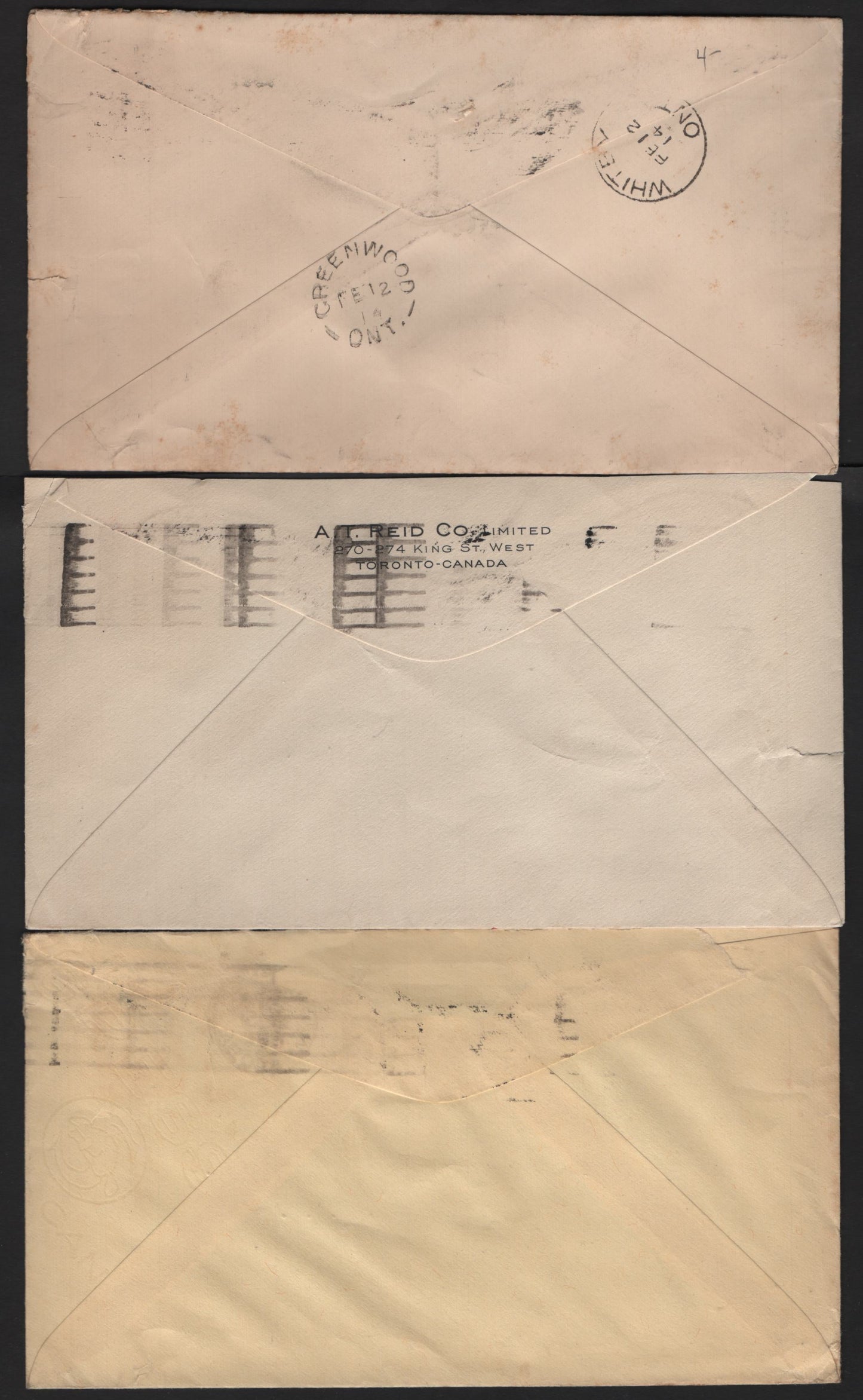 Lot 35 Canada #106c, 107e, 128ii 2c Rose Carmine - Green King George V, 1911-1925 Admiral Issues, 3 Generally Fine Postcards With Singles, Corner Card Advertising, Generally Fine With Covers Having Light Creases & Small Edge Tears.