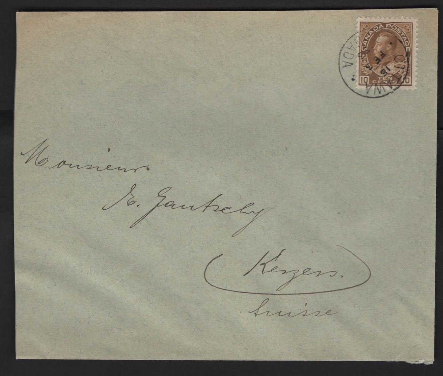 Lot 36 Canada #118 10c Bistre Brown King George V, 1911-1925 Admiral Issues, A Very Fine Used Single on Postcard, 1933 Double Weight Cover To Switzerland.