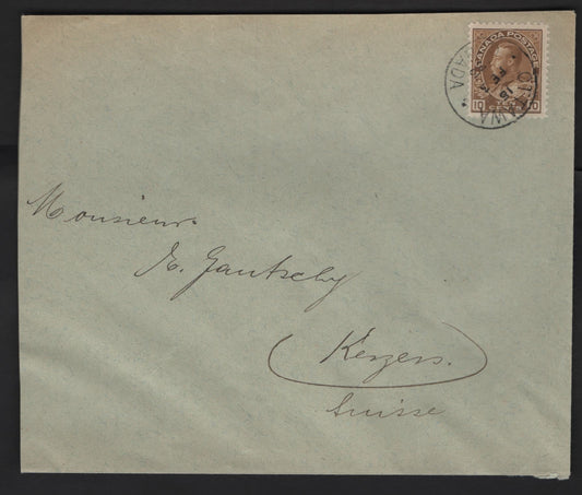Lot 36 Canada #118 10c Bistre Brown King George V, 1911-1925 Admiral Issues, A Very Fine Used Single on Postcard, 1933 Double Weight Cover To Switzerland.