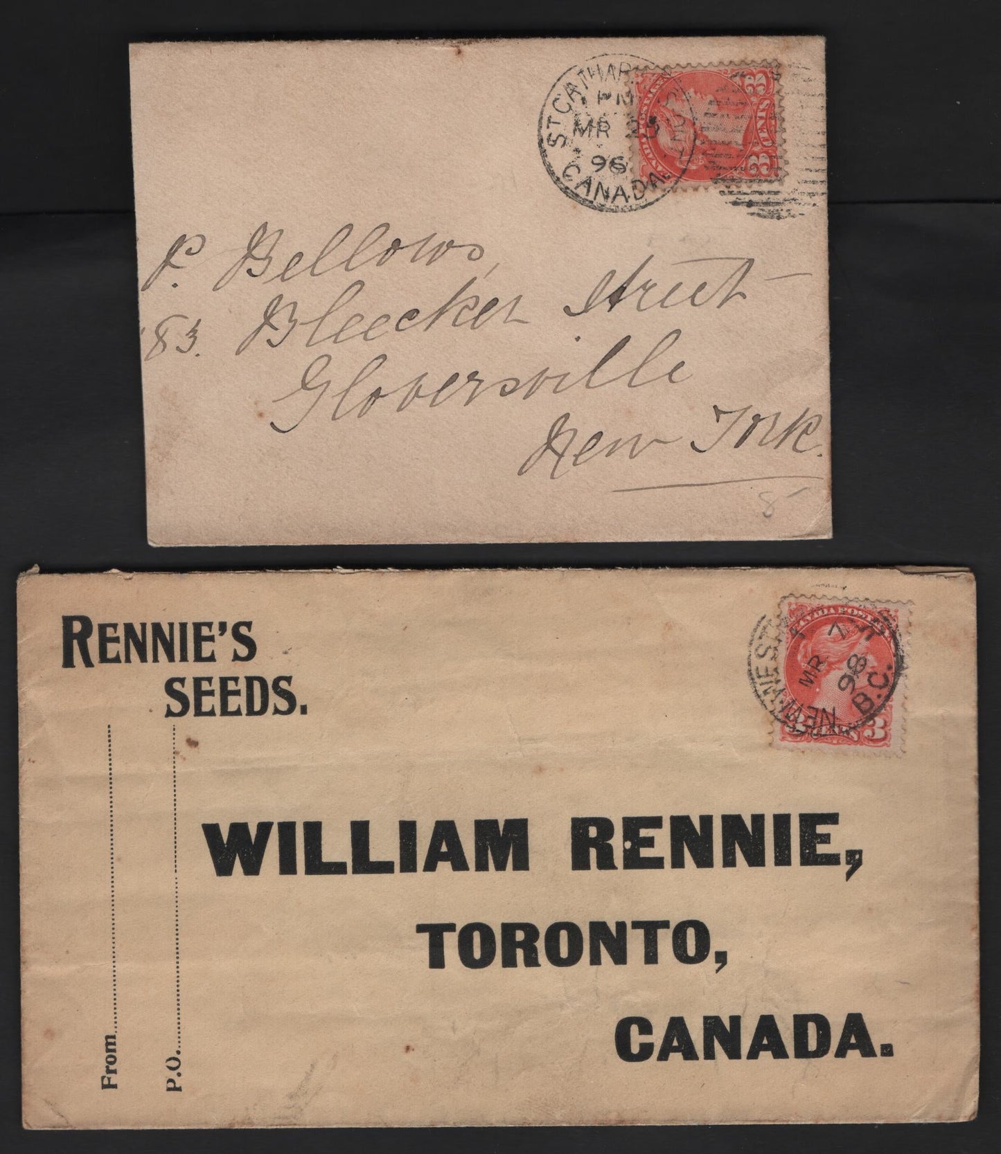 Lot 38 Canada #41 3c Orange Red Queen Victoria, 1870-1893 Small Queen Issue, A Very Fine Used Single On Piece, Rennie's Seed Cover, Showing A Large White Dot Behind The Queen, Due to Plate Damage, Cancelled Both March 1896 & 1898.