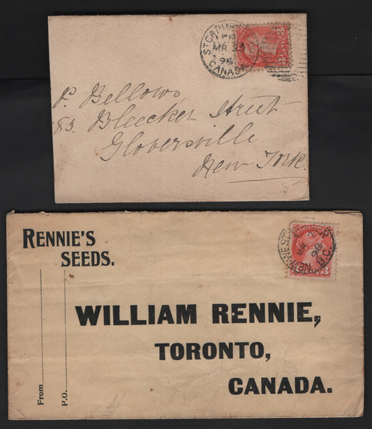 Lot 38 Canada #41 3c Orange Red Queen Victoria, 1870-1893 Small Queen Issue, A Very Fine Used Single On Piece, Rennie's Seed Cover, Showing A Large White Dot Behind The Queen, Due to Plate Damage, Cancelled Both March 1896 & 1898.