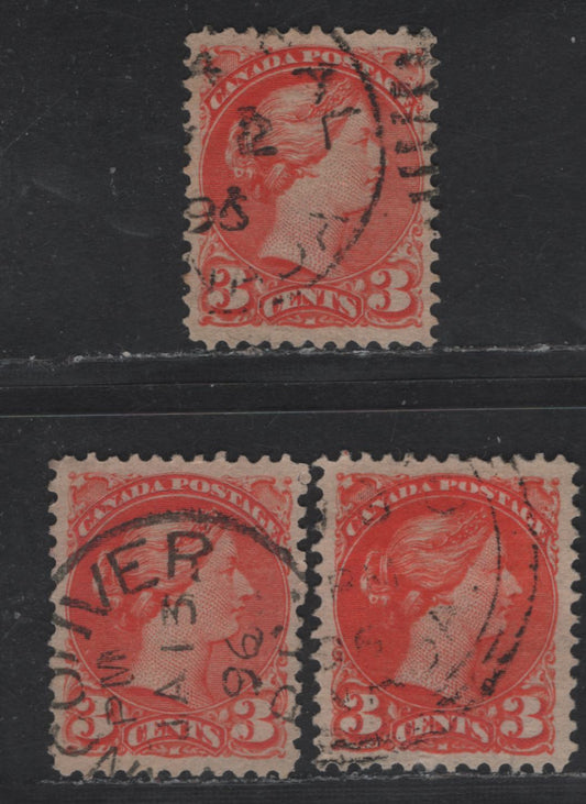 Lot 39 Canada #41 3c Deep Orange Vermillion Queen Victoria, 1870-1893 Small Queen Issue, 3 Very Fine Used Singles, Late Second Ottawa Printings, 1896 Cancels, Including Vancouver & Montreal, Paper 2O-AA.