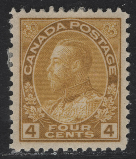 Lot 4 Canada #110b 4c Olive Yellow King George V, 1911-1925 Admiral Issue, A VFOG Single, Wet Printings, Retouched Framelines.