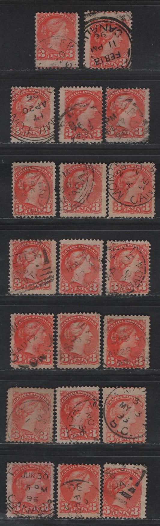 Lot 42 Canada #41 3c Orange Vermillion Queen Victoria, 1870-1893 Small Queen Issue, 10 Very Good Used Singles, Late Second Ottawa Printings, 1896 Dated Cancels, Various Shades, Unchecked For Paper Types.