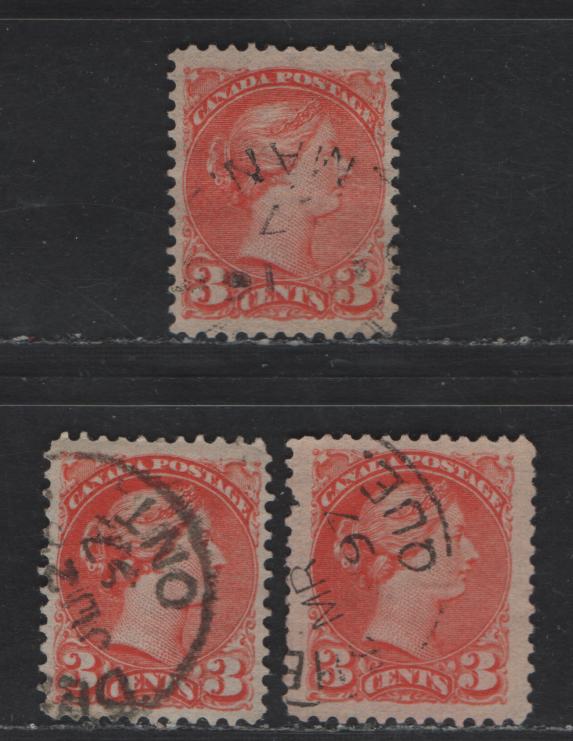 Lot 43 Canada #41 3c Orange Vermillion & Deep Orange Vermillion Queen Victoria, 1870-1893 Small Queen Issue, 3 Fine/Very Fine Used Singles, Late Second Ottawa Printings, 1897 Dated Cancels, Paper 2O-GG,One With A Single Pulled Perf.
