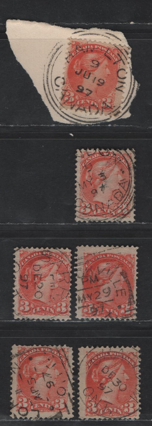 Lot 44 Canada #41 3c Orange Vermillion Queen Victoria, 1870-1893 Small Queen Issue, 6 Fine Used Singles, Late Second Ottawa Printings, 1897 Ontario Cancels, Papers 2O-C & 2O-GG.