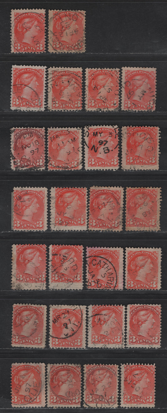 Lot 46 Canada #41 3c Orange Vermillion Queen Victoria, 1870-1893 Small Queen Issue, 26 Very Good Used Singles, Late Second Ottawa Printings, 1897 Dated Cancels, Various Shades, Unchecked For Papers.