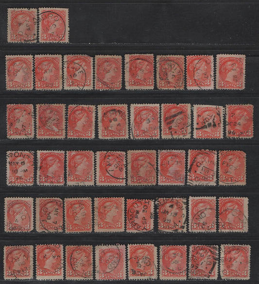 Lot 47A Canada #41 3c Vermillion & Orange Vermillion Queen Victoria, 1870-1893 Small Queen Issue, 42 Ungraded Singles, Second Ottawa Printings, 1896-1898 Dated Cancels (9 1896 & 1898 and 24 1897), Unchecked As To Shades, Useful for Study.