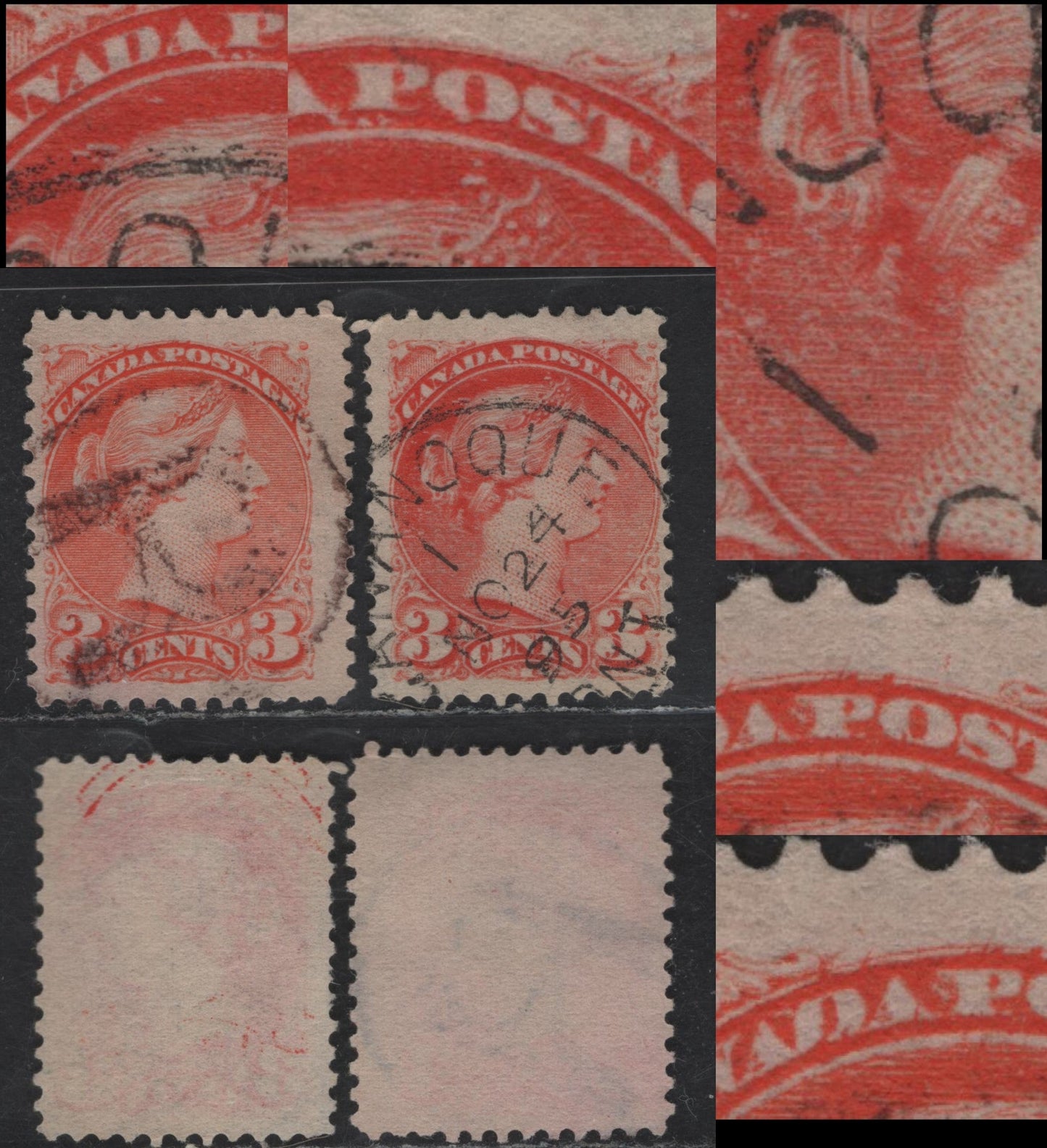 Lot 48 (C) Canada #41 3c Pale Orange Vermillion & Vermillion Queen Victoria, 1870-1893 Small Queen Issue, 2 Fine Used Singles, Mid To Late Second Ottawa Printings, Both Showing Printing Flaws, Unchecked As to Paper Types.