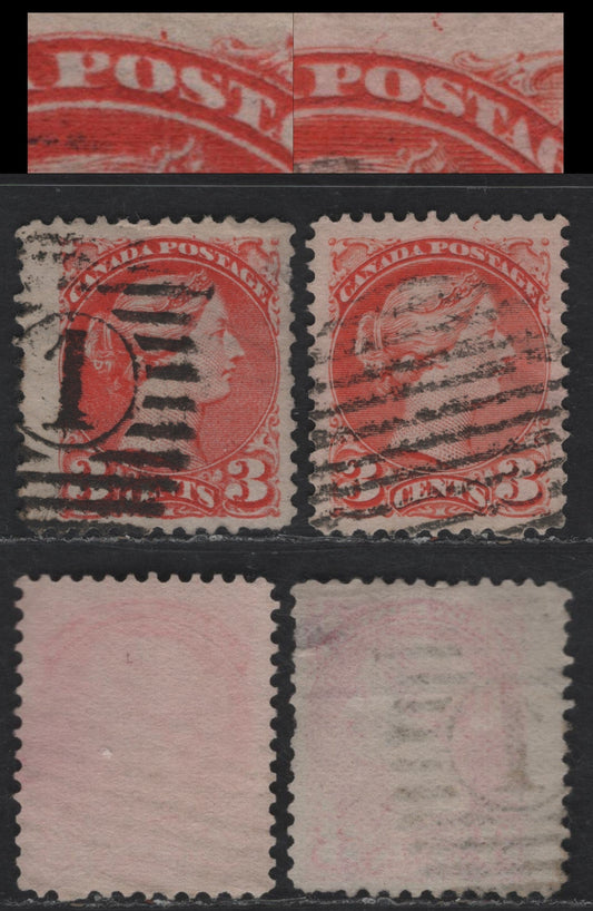 Lot 49 Canada #41 3c Bright Orange Vermillion Queen Victoria, 1870-1893 Small Queen Issue, 2 Very Good/Very Fine Used Singles, Mid Second Ottawa Printings, Paper 2O-I, Each Showing Separate Plate Variety.