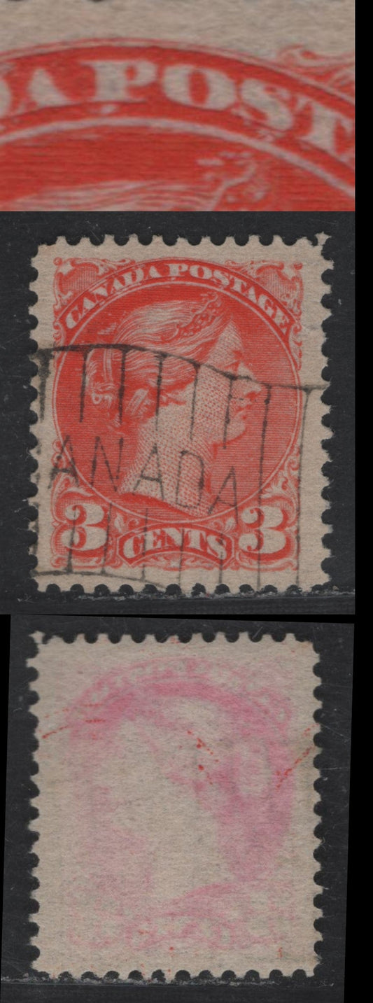 Lot 52 Canada #41 3c Orange Vermillion Queen Victoria, 1870-1893 Small Queen Issue, A Fine Used Single, Late Second Ottawa Printing, Paper 2O-GG, Bickerdike Flag Cancel, Showing Dry Inking Under & Over Canada Postage.