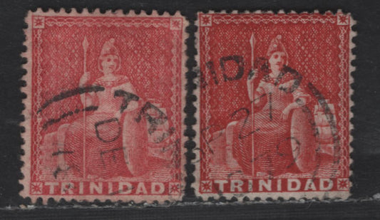 Lot 56 Trinidad SG#75x 1d Rose & Scarlet Britannia, 1863-1880 Britannia Issue, 2 Fine Used Singles, Reversed Crown CC Wmk, Perf 14