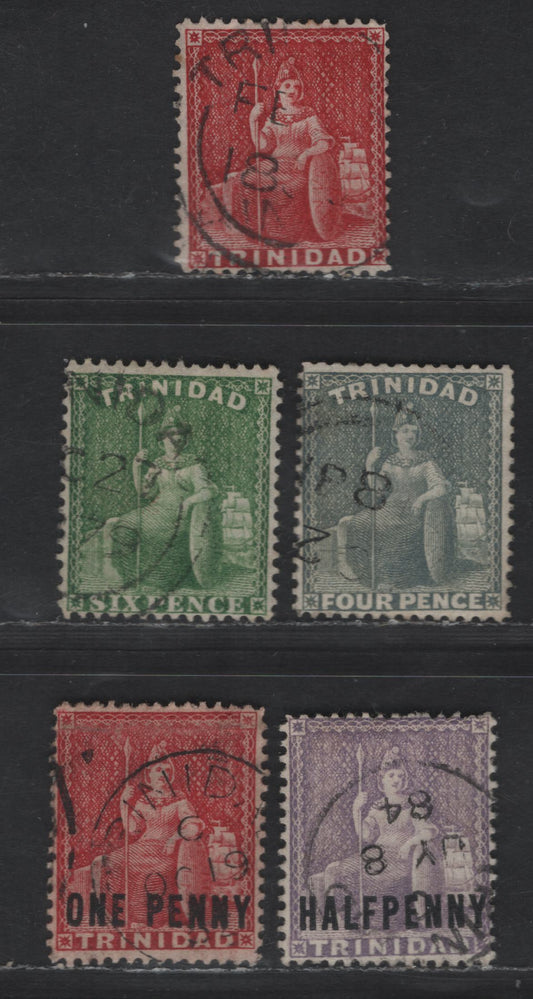 Lot 58 (C) Trinidad SG#75c, 76, 77, 98, 101 1d -6d Lake - Bright Yellowish Green Britannia, 1863-1882 Britannia Issues, 5 Fine/Very Fine Used Singles, Crown CC Wmk