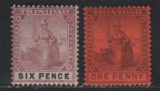 Lot 60 (C) Trinidad SG#128, 139 1d - 6d Black on Red - Black Britannia, 1901-1909 Britannia Keyplate, 2 F/VFNH Singles, Crown CA & Multiple Crown CA Wmk