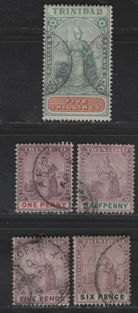 Lot 61 (C) Trinidad SG#114-115, 119-120, 122 1/2d - 5/- Dull Purple & Green - Green & Orange Brown Britannia, 1896-1906 Britannia Keyplate, 5 Fine/Very Fine Used Singles, Crown CA Wmk, 5/- Has A Revenue Cancel