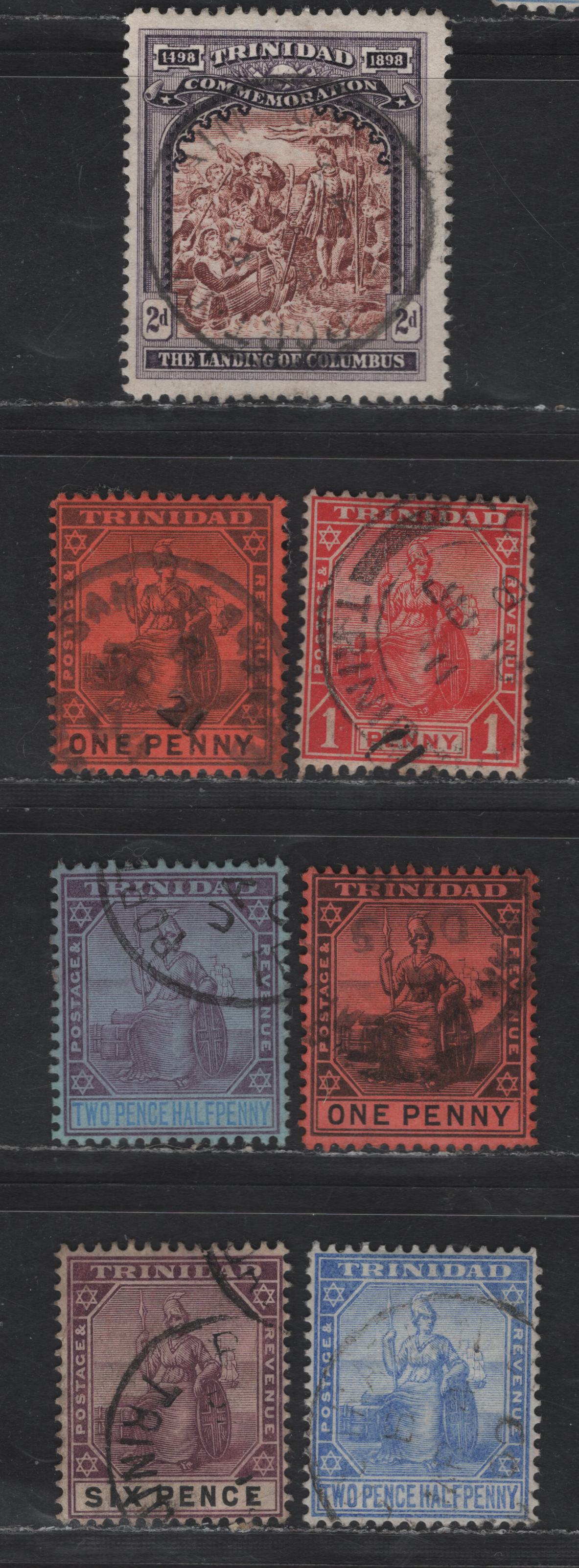 Lot 62 (C) Trinidad SG#125, 134-a,135-137, 139 2d - 6d Brown & Dull Violet - Dull Purple & Black Landing of Columbus - Britannia, 1898-1909 400th Anniv of Discovery - Britannia Issues, 7 Fine/Very Fine Used Singles, Multiple Crown CA Wmk
