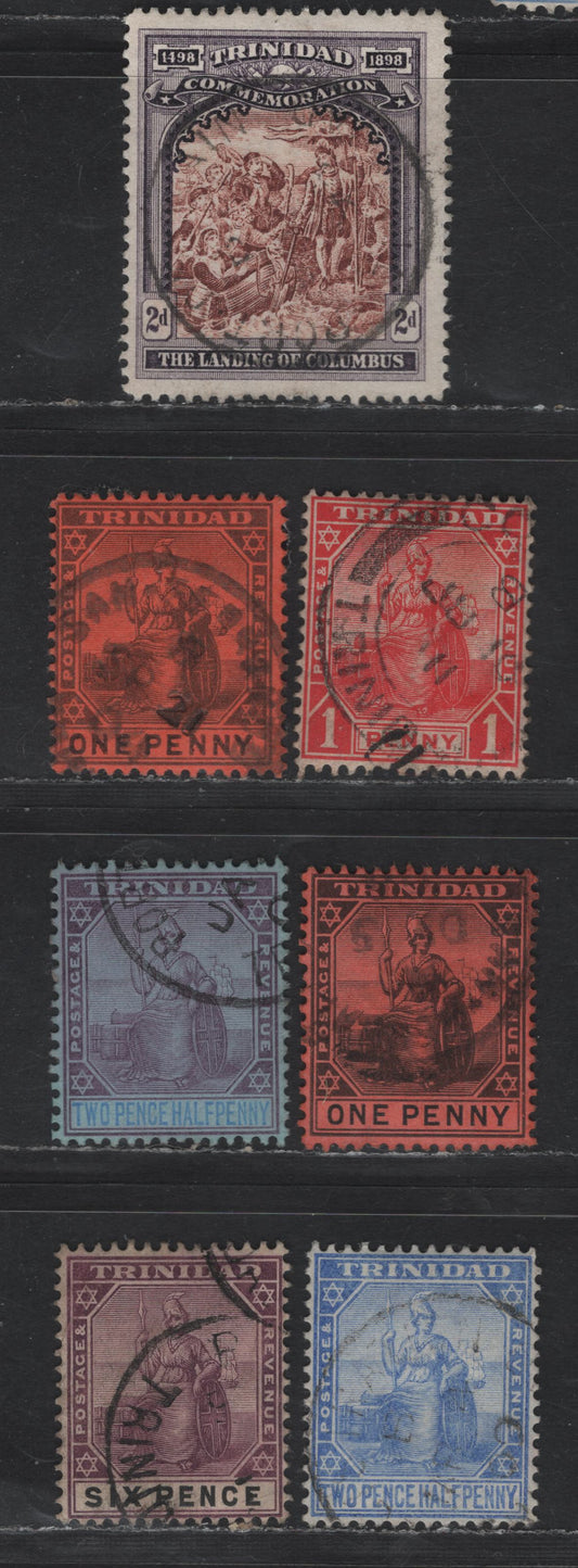 Lot 62 (C) Trinidad SG#125, 134-a,135-137, 139 2d - 6d Brown & Dull Violet - Dull Purple & Black Landing of Columbus - Britannia, 1898-1909 400th Anniv of Discovery - Britannia Issues, 7 Fine/Very Fine Used Singles, Multiple Crown CA Wmk