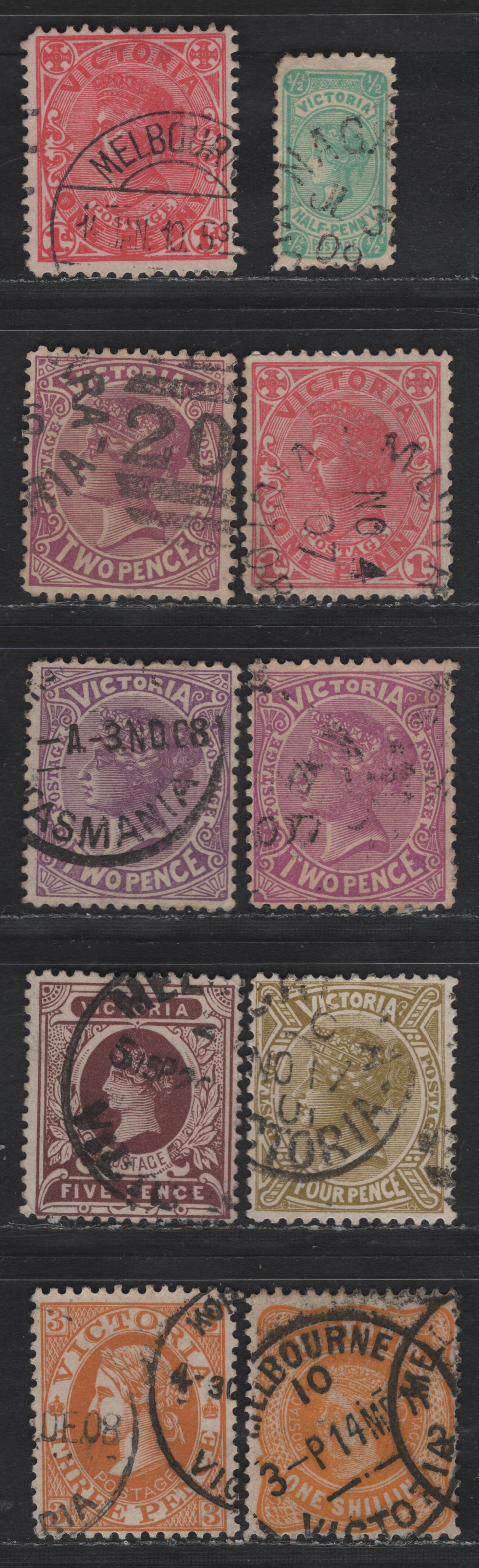Lot 72 Australia (Victoria) SG#416-417a, 418,b,c, 420a, 421, 422, 425a 1/2d -1/- Blue Green - Yellow Orange Queen Victoria, 1905-1913 Postage Issue, 10 Fine/Very Fine Used Singles, Crown over A Wmk, Includes 3d Yellow Orange & 2d Shades