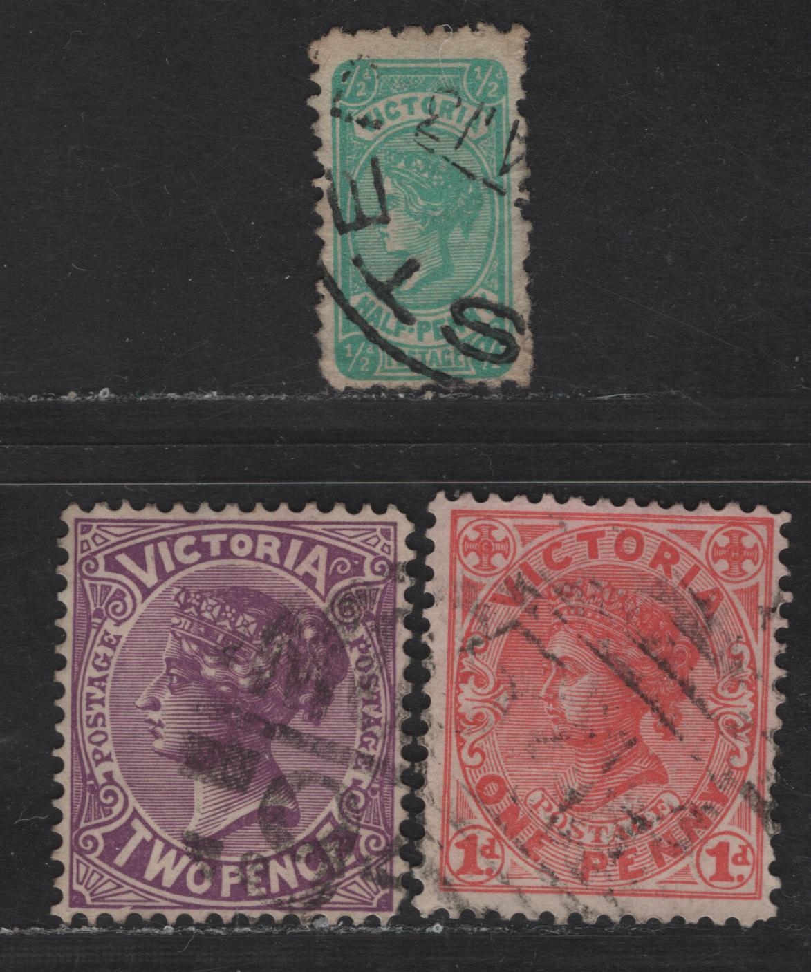 Lot 73 Australia (Victoria) SG#416b, 458-459 1/2d - 2d Blue Green - Reddish Violet Queen Victoria, 1905-1913 Postage Issue, 3 Fine/Very Fine Used Singles, 1/2d On Thin, Ready Gummed Paper With Horiz. Mesh, 1d Die 3 & 2d Die 2, V over Crown Wmk.
