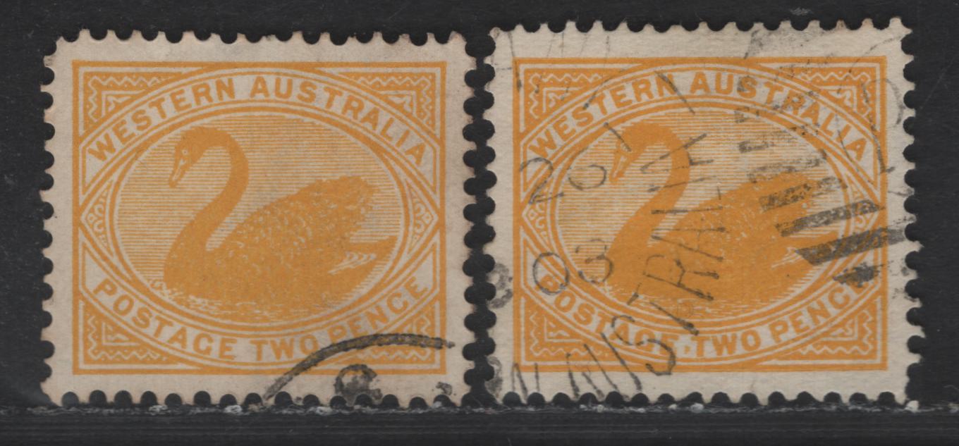 Lot 74 (C) Western Australia SG#118-118a 2d Yellow Swans & Queen Victoria, 1902-1911 Swans & Queen Victoria Issue, 2 Very Fine Used Single, Sideways & Upright V over Crown Wmks, Perf 12.5