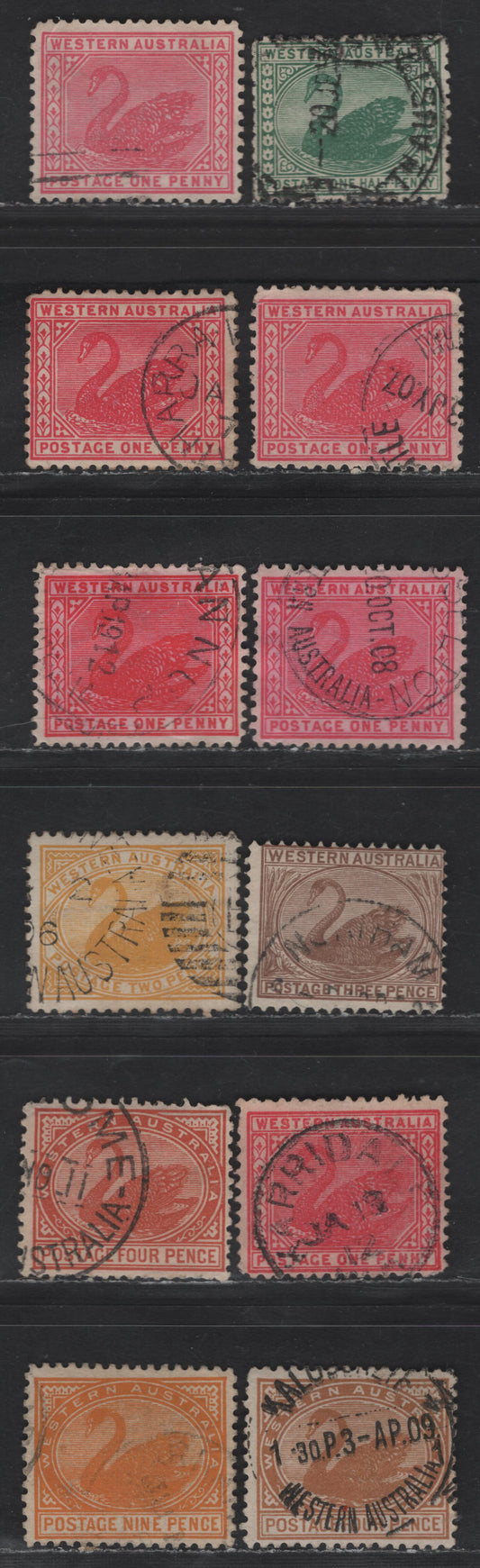 Lot 75 Western Australia SG#138, 139-b, 141, 142a-b, 145 1/2d - 9d Green - Orange Swans, 1905-1912 Swans & Queen Victoria Issue, 11 Fine/Very Fine Used Singles, Crown over A Wmk, Includes Additional Shades