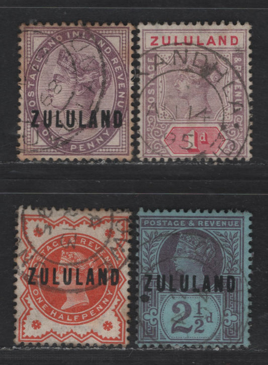 Lot 77 Zululand SG#1-2, 4, 21 1/2d -1d Vermillion -Dull Mauve & Carmine Queen Victoria, 1888-1892 Overprinted GB Jubilee & Imperium Keyplate, 4 Fine/Very Fine Used Singles, Some Toning On 1d