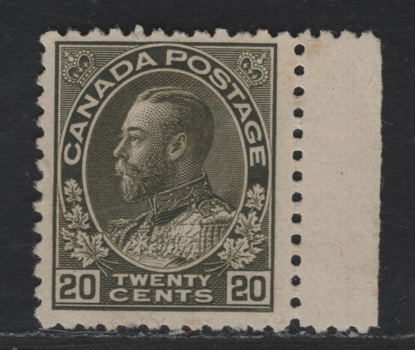 Lot 8 Canada #119d 20c Gray Green King George V, 1911-1925 Admiral Issue, A FOG Single, Wet Printing.
