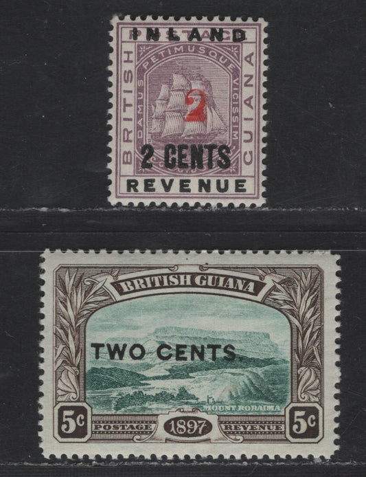 Lot 81 (C) British Guiana SG#192, 222w 2c on 2c - 5c on 5c Dull Purple - Deep Green & Sepia Ship - Mount Roraima, 1889-1899 Surcharge Issues, 2 VFNH Singles, Crown To Left of CA Instead Of Right
