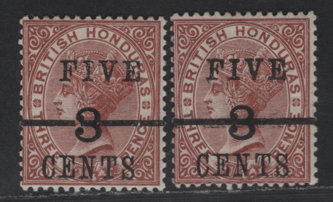 Lot 82 British Honduras SG#4a 5c on 3c on 3d Red Brown Queen Victoria, 1891 Surcharged Issue, 2 F/VFOG Singles, Break In Surcharge Bar & Partial Doubling Of Surcharge Bar