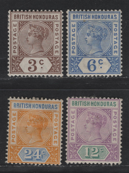 Lot 83 (C) British Honduras SG#53, 56, 59-60 3c -24c Brown - Yellow & Blue Queen Victoria, 1891-1901 Queen Victoria Imperium Keyplates, 4 F/VFOG Singles