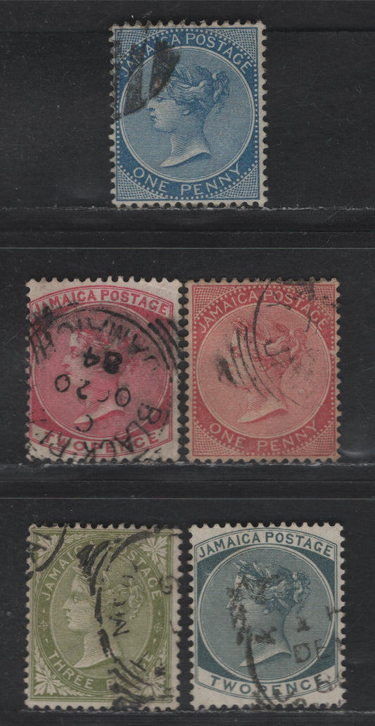 Lot 87 Jamaica SG#17-19, 20a, 21 1d - 3d Blue - Sage Green Queen Victoria, 1883-1897 Queen Victoria Keyplates, 5 Fine/Very Fine Used Singles, Crown CA Wmks