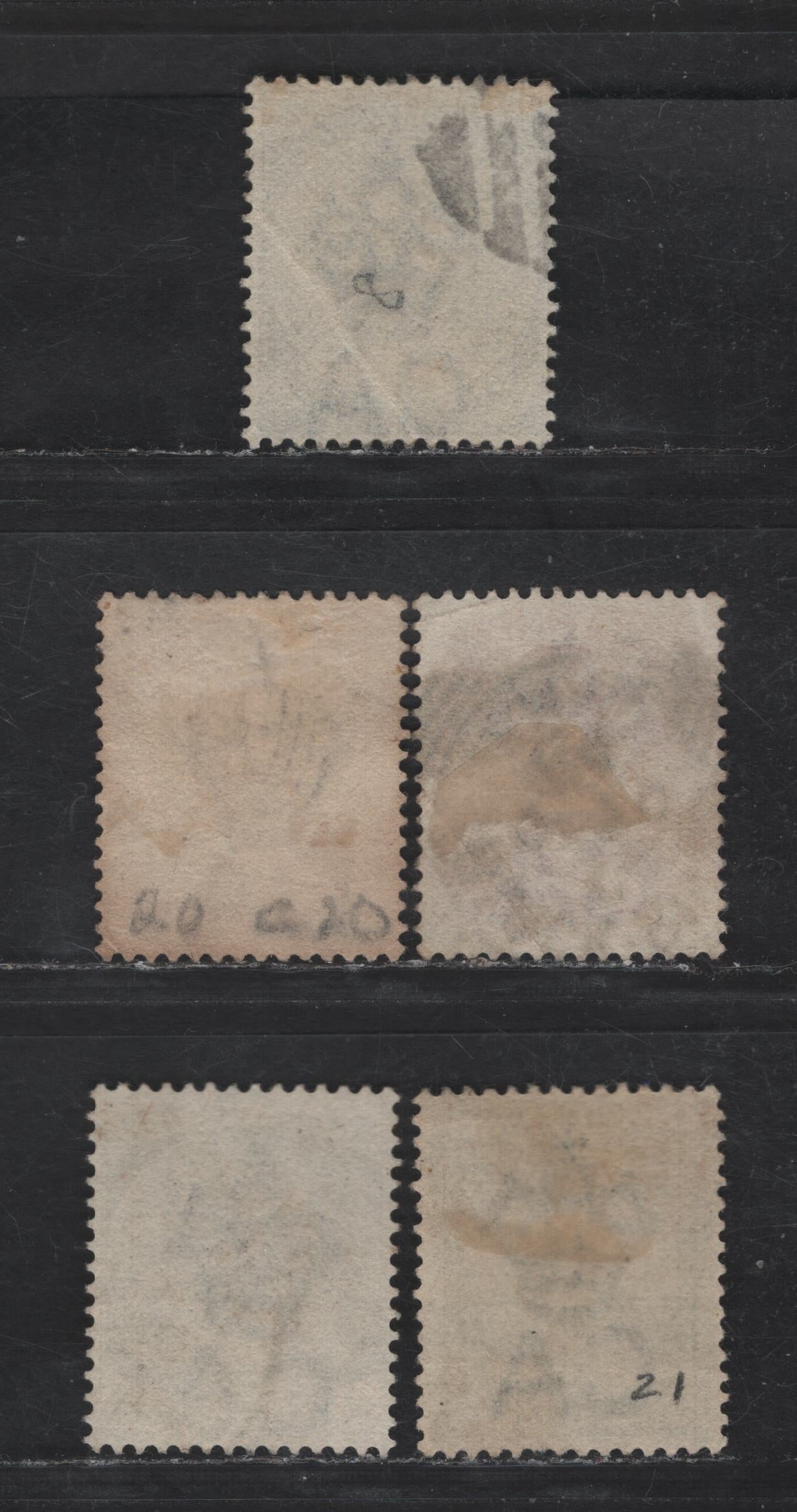 Lot 87 Jamaica SG#17-19, 20a, 21 1d - 3d Blue - Sage Green Queen Victoria, 1883-1897 Queen Victoria Keyplates, 5 Fine/Very Fine Used Singles, Crown CA Wmks