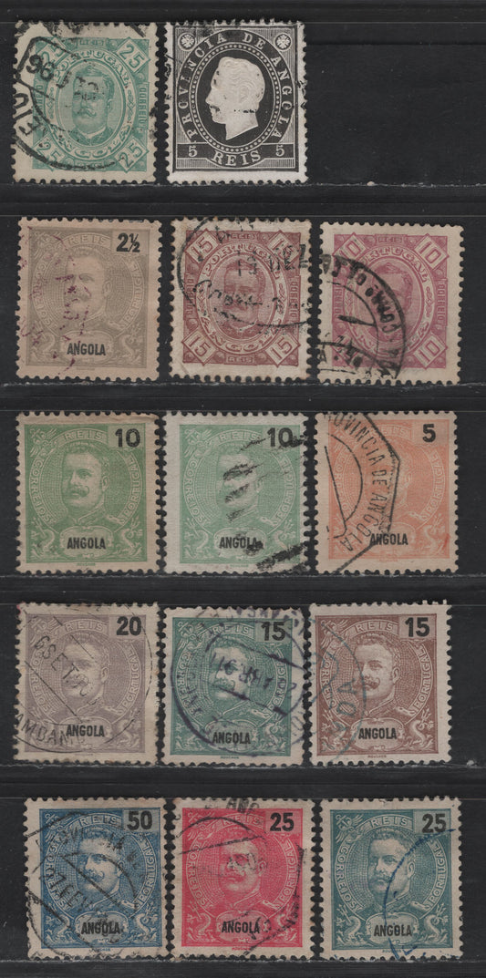 Lot 94 Angola SC#16, 27a, 29, 26a, 38-46 5r - 50c Black - Blue King Luiz - King Carlos, 1886-1903 King Luiz - King Carlos Issues, 14 Fine/Very Fine Used Singles, Perfs 12.5 & 11.5, 1893-1894 Are All Perf 11.5 On Chalky Paper, 10r is Enamelled.