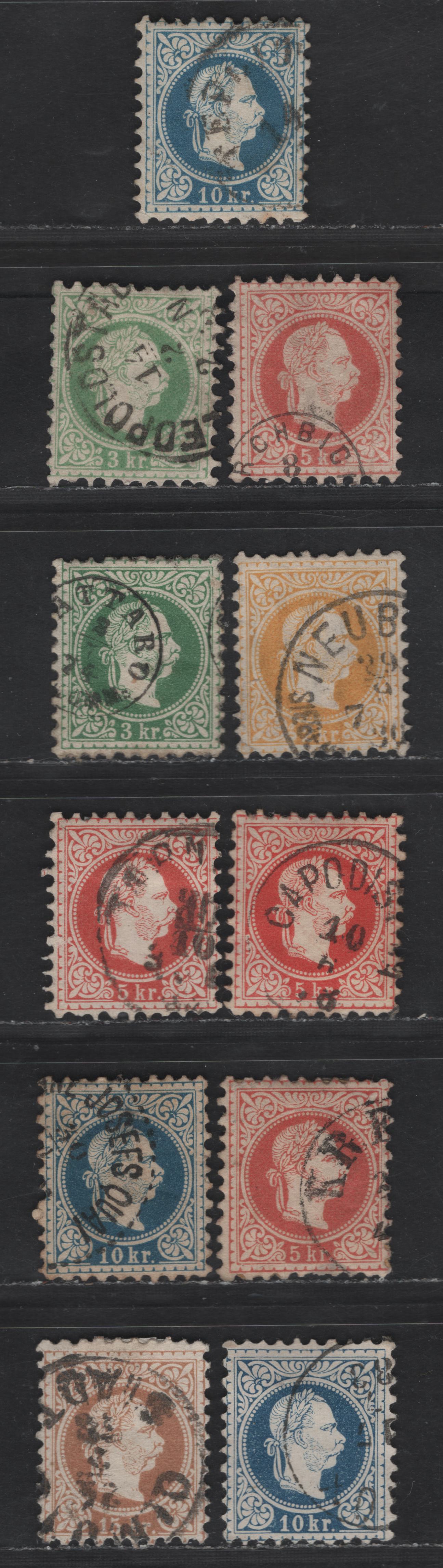 Lot 95 Austria SC#34-35, 35f, 36, 36f, 37, 37f, 38,  2kr - 15kr Yellow - Brown Franz Joseph, 1874-1880 Franz Joseph Issue, 11 Fine/Very Fine Used Singles, Perf 9.5, Additional Shades