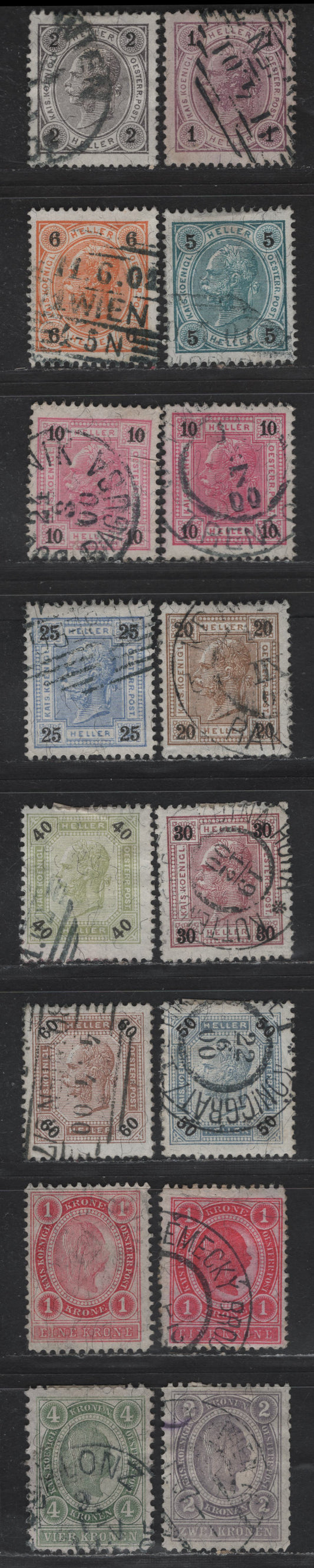 Lot 96 Austria SC#70-71, 73-85 1h - 4k Lilac - Gray Green Franz Joseph, 1899 Franz Joseph Issue, 16 Fine/Very Fine Used Singles, Black Numerals On Colored Ground, No Varnish Bars, Includes Both Shades Of 1k & 2 Shades Of 10h, Various Perfs.