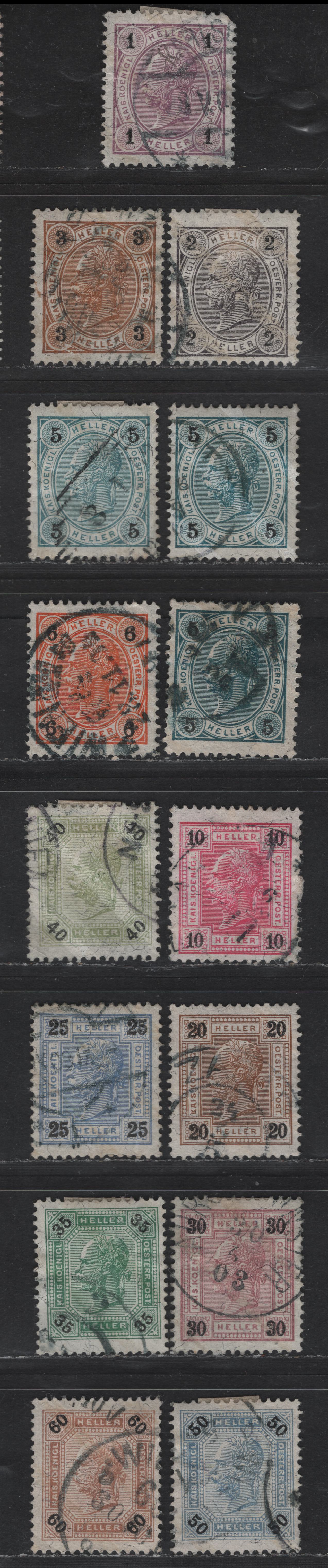 Lot 97 Austria SC#70a-82a 1h - 60h Lilac - Brown Franz Joseph, 1901 Franz Joseph Issue, 15 Fine/Very Fine Used Singles, Black Numerals On Color, Varnish Bars