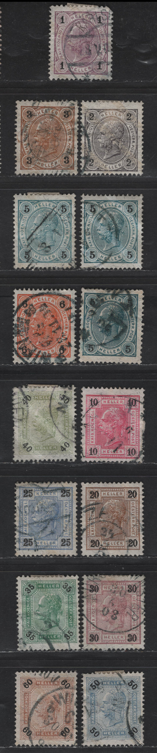 Lot 97 Austria SC#70a-82a 1h - 60h Lilac - Brown Franz Joseph, 1901 Franz Joseph Issue, 15 Fine/Very Fine Used Singles, Black Numerals On Color, Varnish Bars