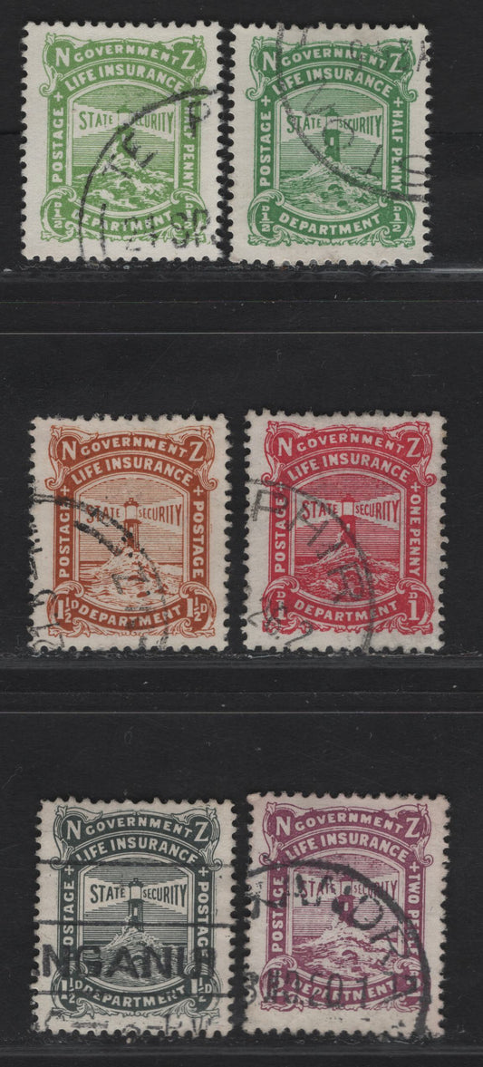 Lot 109 (C) New Zealand SG#L24,a, L25-L28 1/2d - 1.5d Green - Black Lighthouse, 1913-1937 Life Insurance Department, 6 Fine/Very Fine Used Singles, Perf 14x15, De la Rue Paper