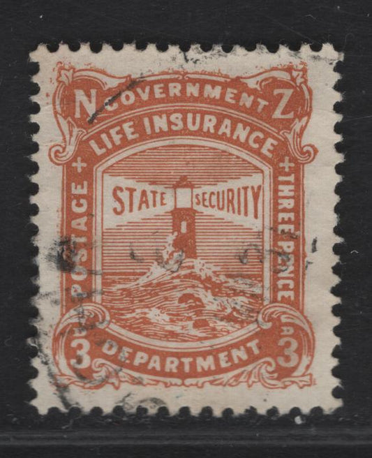 Lot 110 (C) New Zealand SG#L30 3d - 7d Yellow Brown Lighthouse, 1913-1937 Life Insurance Department, A Very Fine Used Single, De la Rue Paper, Perf 14x15 Stamp Has Two Light Diagonal Bends