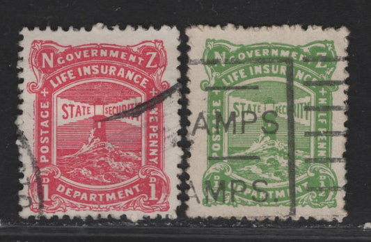 (C) New Zealand SG#L31a-b 1/2d - 1d Yellow Green & Carmine Pink Lighthouse, 1913-1937 Life Insurance Department, 2 Fine Used Singles, Perf 14x15, Cowan Paper