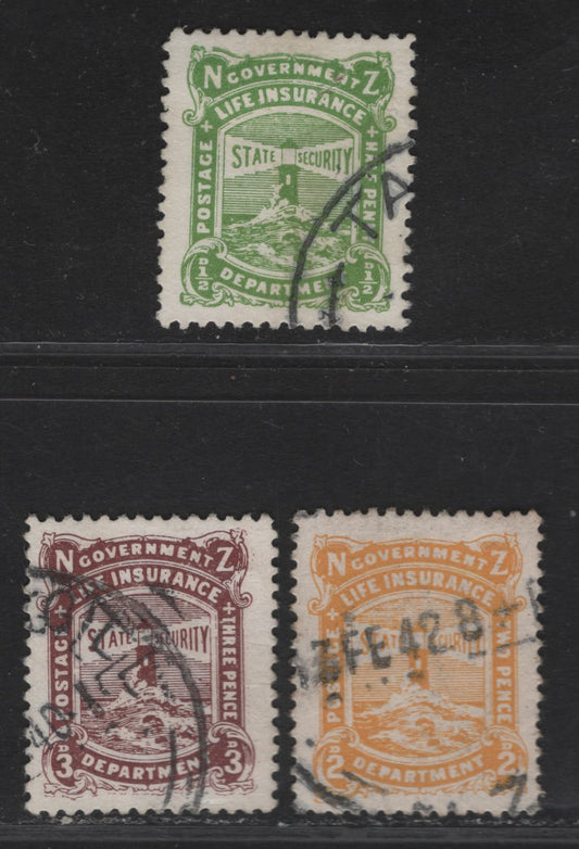 Lot 113 (C) New Zealand SG#L32, L34-L35 1/2d - 3d Yellow Green - Chocolate Lighthouse, 1913-1937 Life Insurance Department, 3 Very Fine Used Singles, Perf 14, Cowan Paper