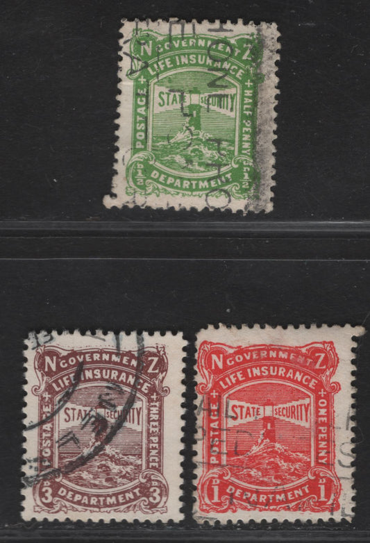 Lot 114 New Zealand SG#L32-L33, L35 1/2d - 3d Yellow Green - Brown Lake Lighthouse, 1913-1937 Life Insurance Department, 3 Fine/Very Fine Used Singles, Perf 14, Cowan Paper