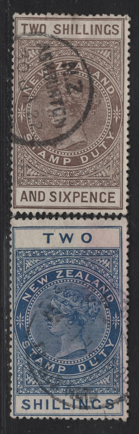Lot 115 (C) New Zealand SG#F111-F112 2/- - 2/6 Gray Brown - Deep Blue Queen Victoria, 1913-1921 Postal Fiscal Issue, 2 Fine Used Singles, Perf 14.5x14, De la Rue Paper