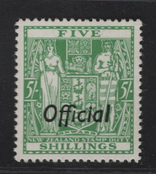 Lot 123 New Zealand SG#O119 5/- Green Arms, 1936-1961 Arms Postal Fiscal Issue, A VFNH Single, Perf 14, Single Star & NZ Wmk, Official Overprint.