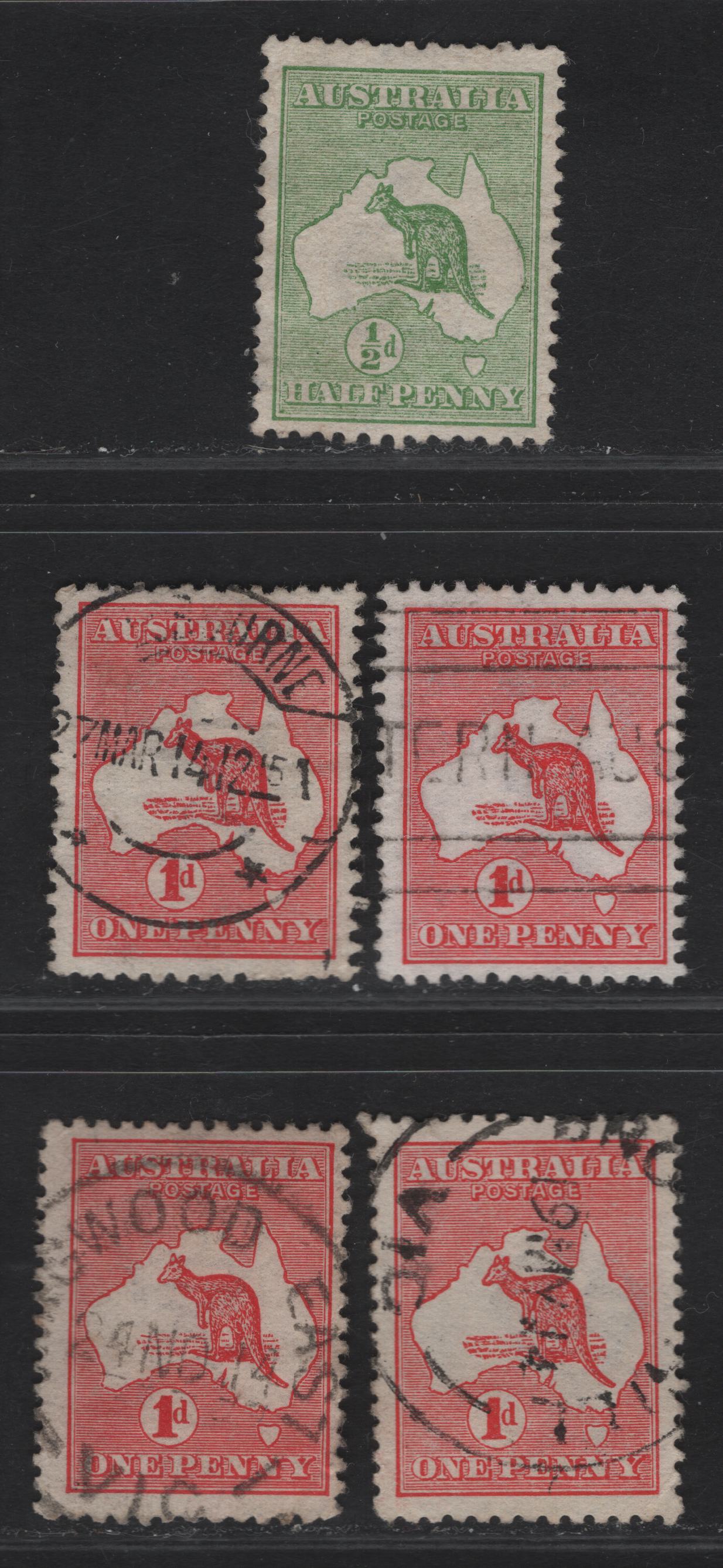 Lot 126 Australia SG#1-2,b,d,e 1/2d - 1d Green - Carmine Kangaroo & Map, 1913-1914 Kangaroo & Map 1st Issue, 5 Fine/Very Fine Used Singles, First Wmk (Wide Crown over A), 1d Red Dies I-Iia, 1d Carmine Die II.